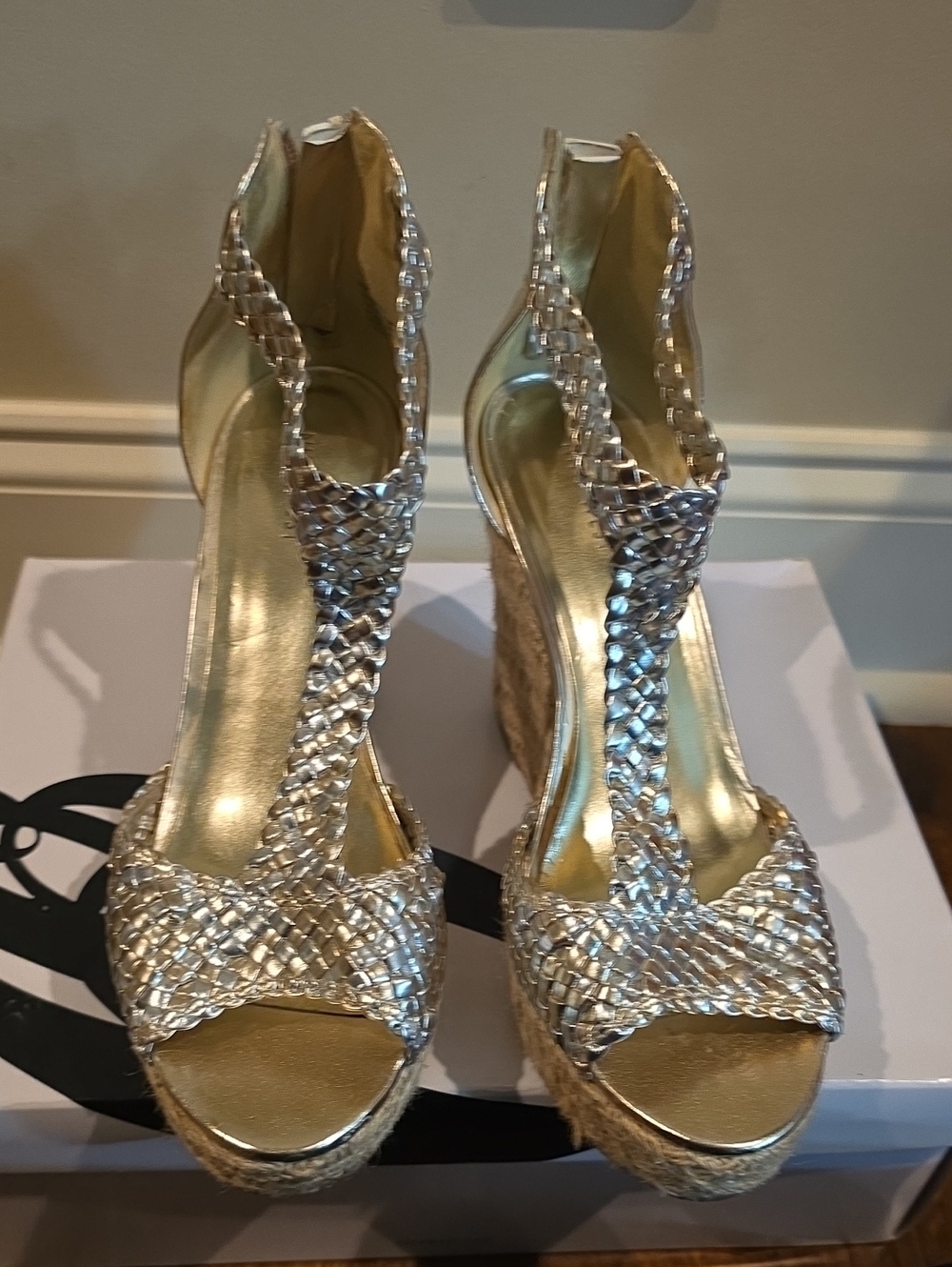 Nine West Metallic Gold Woven Espadrille Wedges